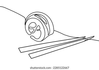 One Line Sushi Roll with Sticks Abstract Illustration. Line Art with Japanese Cuisine. Modern Simple Hand Drawn Illustration for Branding Identity, Banner, Outdoor Advertising, Web, Menu.