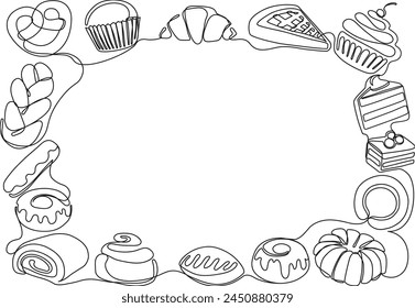 Una línea dulce marco de panadería. Productos horneados y postres para el borde del menú, tarjeta de recetas o Ilustración vectorial temática culinaria de diseño de pasteles dulces de panadería, dibujo de bocetos de postres