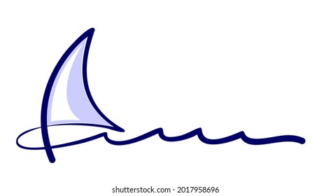 One line symbol of blue sailboat in the sea.  