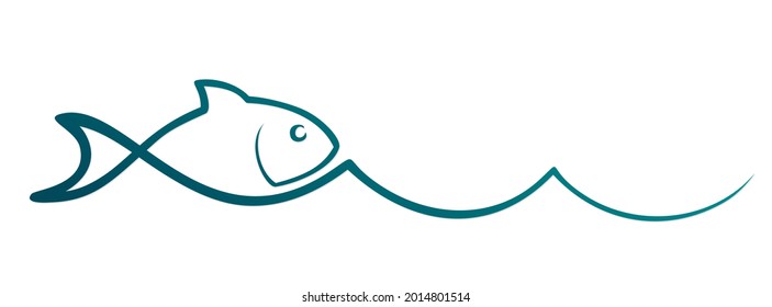 The one line symbol of fish in the blue wave.