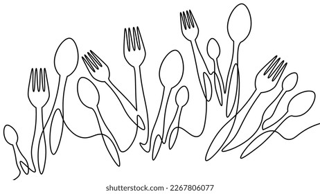 One line table spoon forks dinner lunch concept. Cafe menu decoration border silhouette continuous line doodle cooking dining supply vector illustration