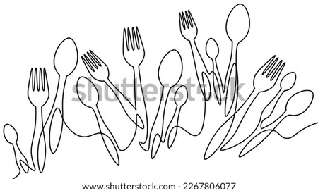 One line table spoon forks dinner lunch concept. Cafe menu decoration border silhouette continuous line doodle cooking dining supply vector illustration