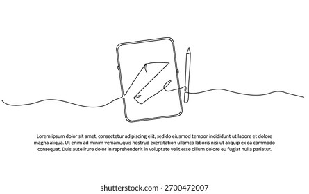 One line of tablets and pens. Abstract minimal continuous line isolated on white background..