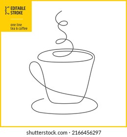One line tea or coffee drawing. Editable stroke vector illustration. Hand drawn minimalism style. Line thickness can be changed.