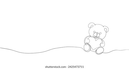 One line Teddy bear with heart. Continuous line cute animal with gift, romantic valentines day postcard, love concept print. Vector illustration