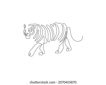 One line tiger goes design silhouette. Hand drawn minimalism style vector illustration.