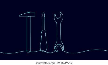 One line tools illustration. Continuous outline instruments repair construction service. Hammer screwdriver wrench industry maintenance handyman. Dark blue background light blue line vector