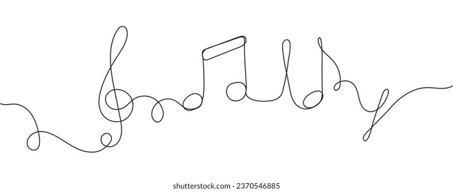 One line treble clef and sheet music in continuous style, music notes on the white background.