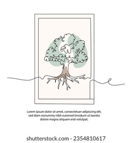 Dibujo de un cartel de árbol de una línea con marco. Resumen de decoración minimalista de paredes de línea continua.