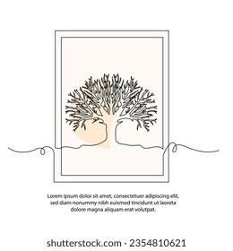 One line tree poster drawing with frame. Abstract minimal continuous line wall decor.