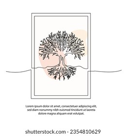 One line tree poster drawing with frame. Abstract minimal continuous line wall decor.