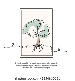 Dibujo de un cartel de árbol de una línea con marco. Resumen de decoración minimalista de paredes de línea continua.