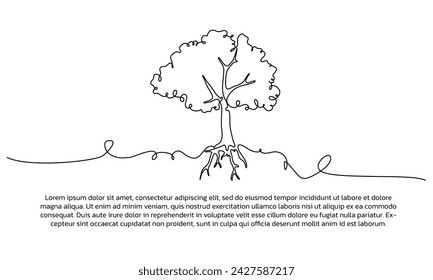 One line tree poster drawing with frame. Abstract minimal continuous line wall decor.