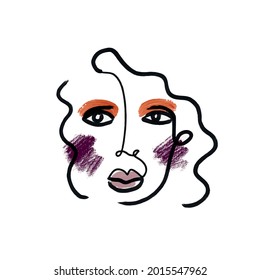 One line trendy woman portrait in modern abstract style. Cubism face. Design for cover, printable for t-shirt, wall art, sticker. 