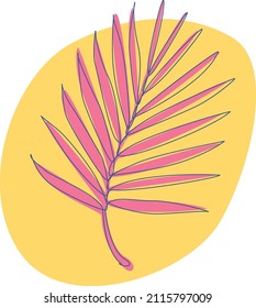 Ilustración vectorial de hoja de palma tropical de una línea con colores vibrantes y forma de fondo amarillo abstracto.