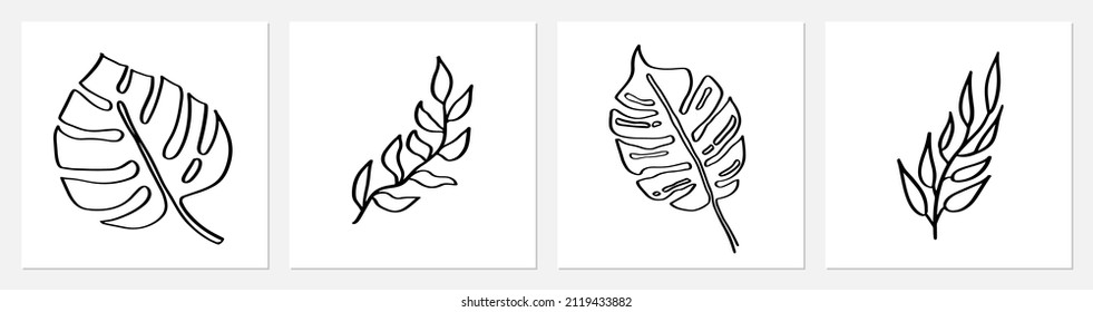 One line tropical palm tree leaves. Modern single line art leaf drawing, plants outline contour. Home decor posters, wall art, sticker, mobile case.
