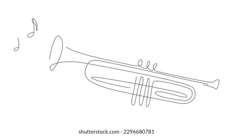 Ilustración de trompeta de una línea con notas. Arte de la línea de instrumentos de la banda de música de jazz. diseño vectorial del logotipo de trompeta. 