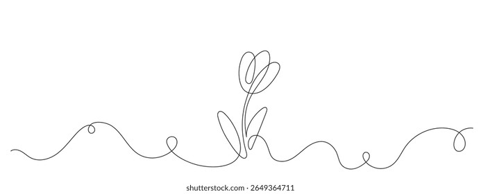 One line tulip flower drawing. Minimalist continuous line sketch of tulip with leaves. Elegant abstract floral art. Hand drawn vector illustration.