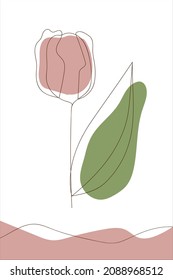 One line tulip, poster with green and pink background