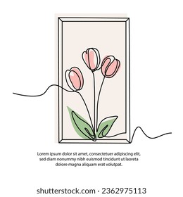 One line tulips poster drawing with a beautiful frame. Abstract minimal continuous line wall decor.