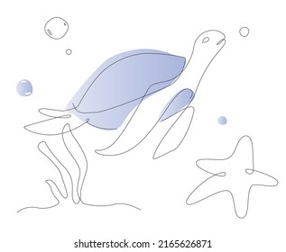 One line turtle illustration. Sea life line art vector. Cute turtles outline