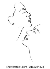 One line. Two faces in one line. Couple print, kiss print. Portrait. Face. Fashionable vector image.