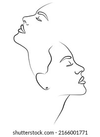 One line. Two faces in one line. Couple print, kiss print. Portrait. Face. Fashionable vector image.