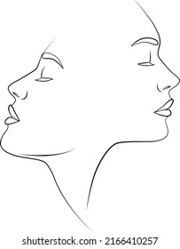 One line. Two faces in one line. Couple print, kiss print. Portrait. Face. Fashionable vector image.