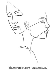 One line  Two faces in one line  Couple print  kiss print  Portrait  Face  Fashionable vector image 