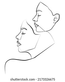 One line. Two faces in one line. Couple print, kiss print. Portrait. Face. Fashionable vector image.