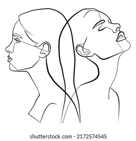 One line. Two faces in one line. Portrait. Face. Two faces online. Vector image of a female face.