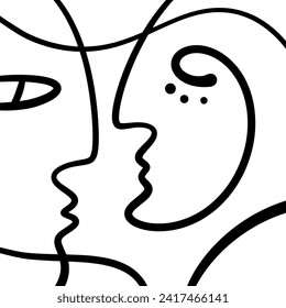 One line Valentine day lovers minimalistic brush grunge abstract faces. Vector illustration. Modern contemporary face art, trendy continuous drawing. Cubism artistic linear portrait. Simple minimal