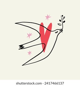 One line Valentine day minimalistic cartoon bird. Vector illustration. Isolated graphics on background.