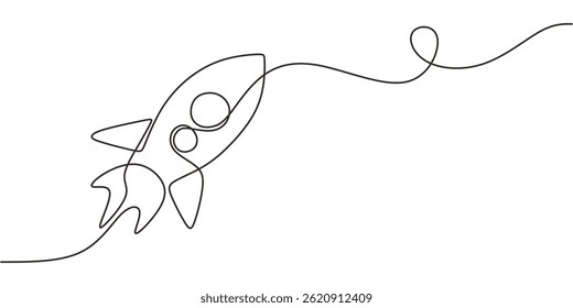 Un Cohete De Arte vectorial De Línea Que Se Lanza Hacia Arriba. Vector del concepto de logro del crecimiento.