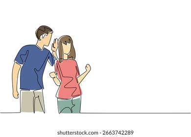 Uma linha de arte vetorial de um jovem sussurrando para uma mulher, simbolizando amizade, romance e confiança, perfeito para criativos design de conceitos de mídia social, relacionamento e comunicação.