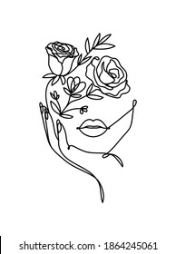 Eine Linie, Vektorgrafik mit abstraktem Gesicht mit Blumen. Freehand-Strangporträt-Design. Botanische handgezeichnete Elemente für Schönheit, Mode, Kosmetik, Drucke usw. Vektorgrafik