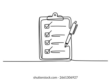 One line vector drawing checklist clipboard with pen symbol minimal task planning icon