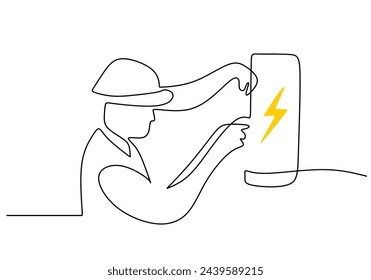 one line vector drawing of an electrical worker checking panel