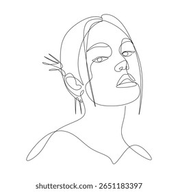 Um desenho vetorial de linha de uma mulher elegante em uma pose confiante. Retrato feminino de arte de linha contínua minimalista, ilustração moderna e elegante adequada para design de moda, uso editorial ou arte de parede