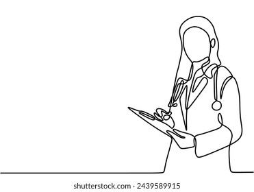 one line vector drawing of female doctor standing holding patient papers and stethoscope.