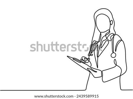 one line vector drawing of female doctor standing holding patient papers and stethoscope.