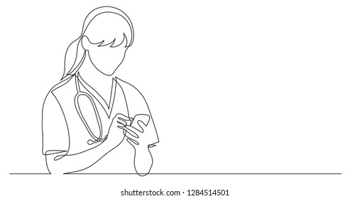 one line vector drawing of hospital nurse checking her mobile phone