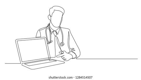 one line vector drawing of hospital doctor sitting pointing at laptop screen