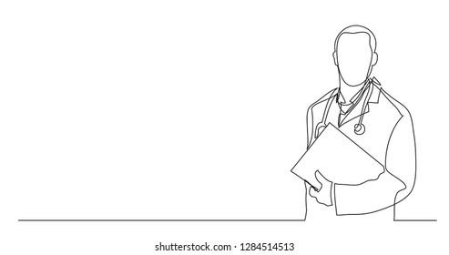 one line vector drawing of hospital doctor standing holding patient papers