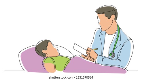 one line vector drawing of hospital man doctor examining child patient making notes