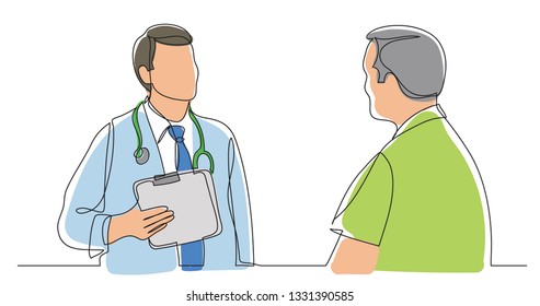 one line vector drawing of hospital doctor consulting male patient