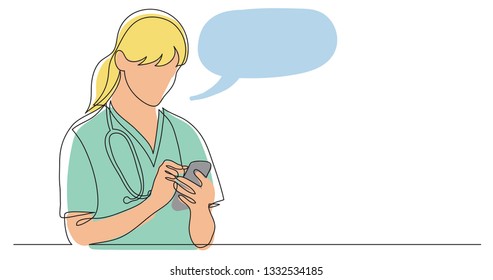 one line vector drawing of hospital nurse checking her mobile phone