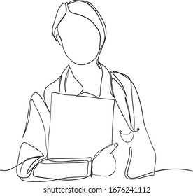 one line vector drawing of hospital doctor standing holding patient papers. A young woman holds a stack of sheets of paper. On white background.