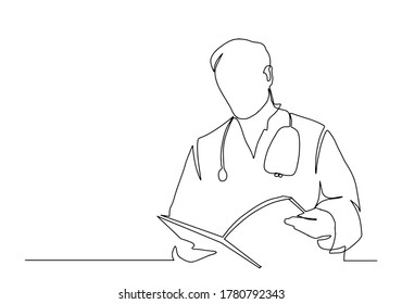 one line vector drawing of hospital doctor standing holding patient papers. Doctor looking at his journal  line drawing. Continuous line drawing of doctors silhouette. Hospital scene. Template.