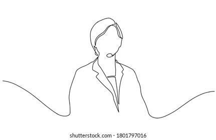 One line vector drawing of hospital doctor standing. Continuous vector line drawing of female doctor